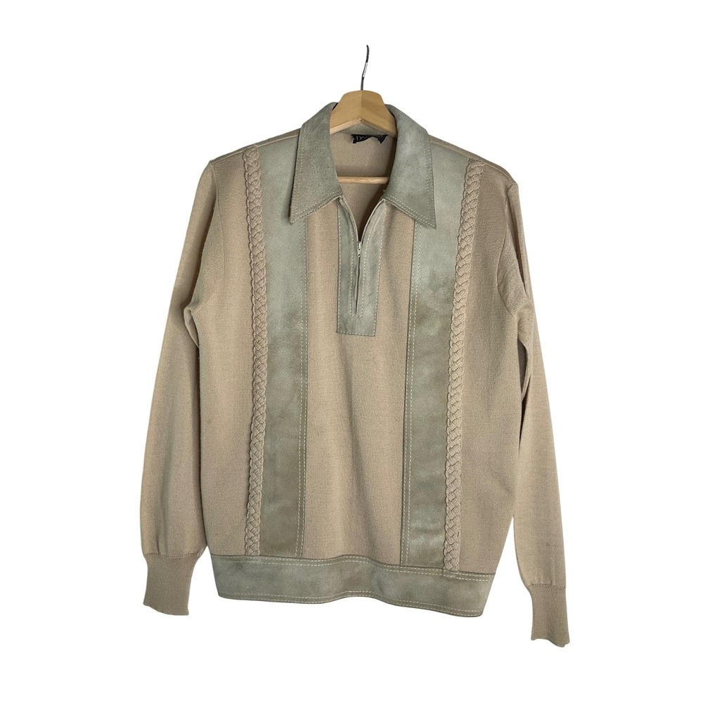 Vintage Damon Italian Wool Blend Suede Zip Up Henley Pointed Collar Sweater M